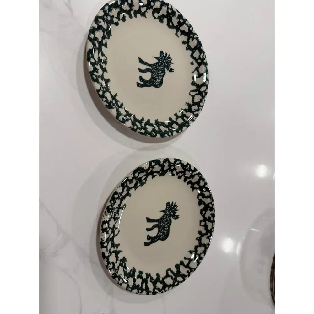 VINTAGE Tienshan Moose Country Salad Plates Set 2 Folk Craft Spongeware 8 Inch